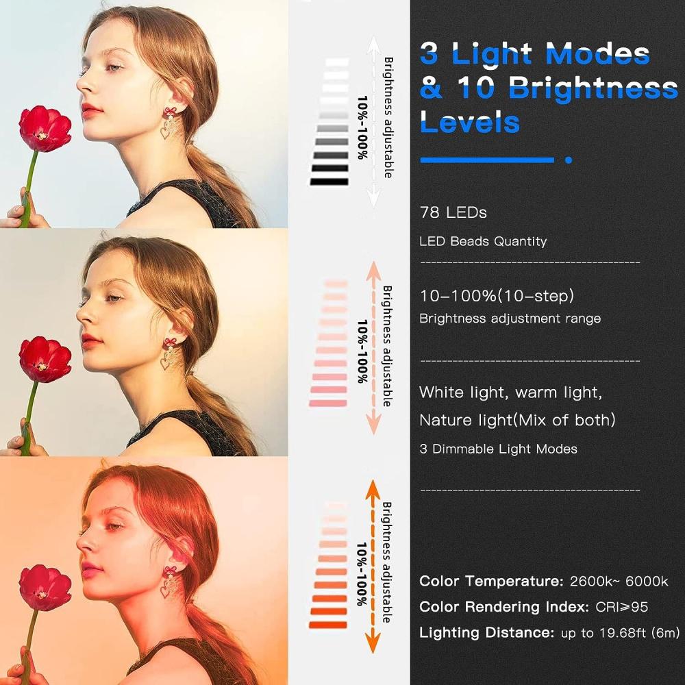 78 LED Video Light 2600-6000 K 3 Light Modes 10-Level Dimmable Built-in 3000 mAh Batteries CRI 95+ High Power Panel Light with 3 Bases