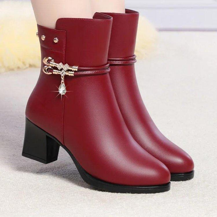 Women's Boots 2025 Winter New Collection Plush Cotton Boots Women's Pearl Middle Heel Boots Middle Heel Boots Thick Heel Women's