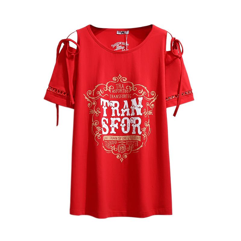 Summer Plus Size Women's T-shirt Strapless Round Neck Loose Versatile Printed Short-sleeved Tops