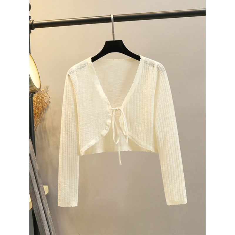 Bows Sun Protection Knit Cardigan Women's Summer Thin Small Waistcoat Short Outer Matching Halter Skirt Shawl Blouse