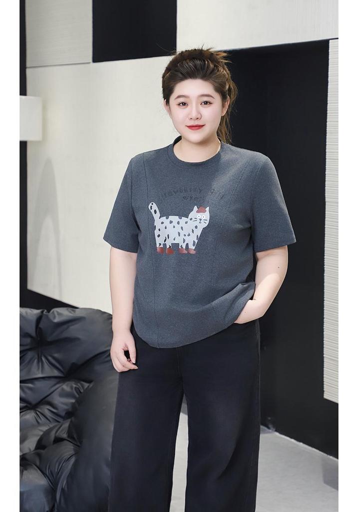 2025 Winter Plus Size Women's Screen-Printed Cat Short Sleeve, Round Neck, Thick Cotton Top – Comfortable and Versatile.