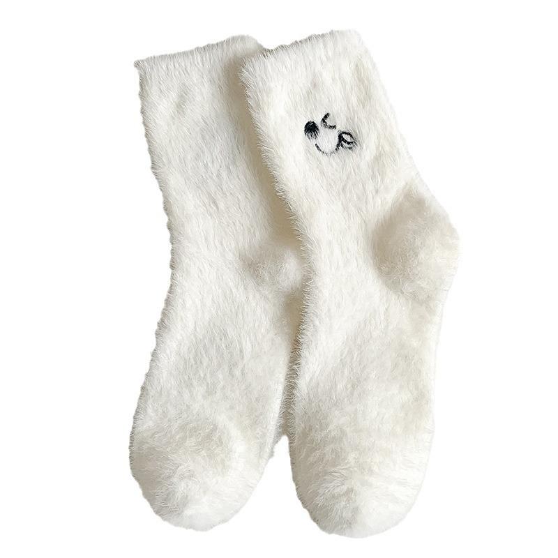 

1-10PairsTrendy Ins Style Women s Mid Calf White Velvet Socks Embroidered Thick Warm Soft Autumn WinterFloor Socks for Home Wear One Size