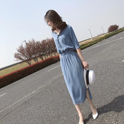 Blue Split-ended Long Dress Spring and Summer New Women's Clothing Korean Version Waist and Thin Temperament Medium-sleeved Dress Women