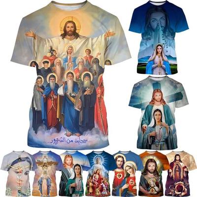 Christlicher Gott Jesus Modisches 3D-Druck T-Shirt Lässig Rundhals Kurzarm Mutter Gottes Jungfrau Maria T-Shirt