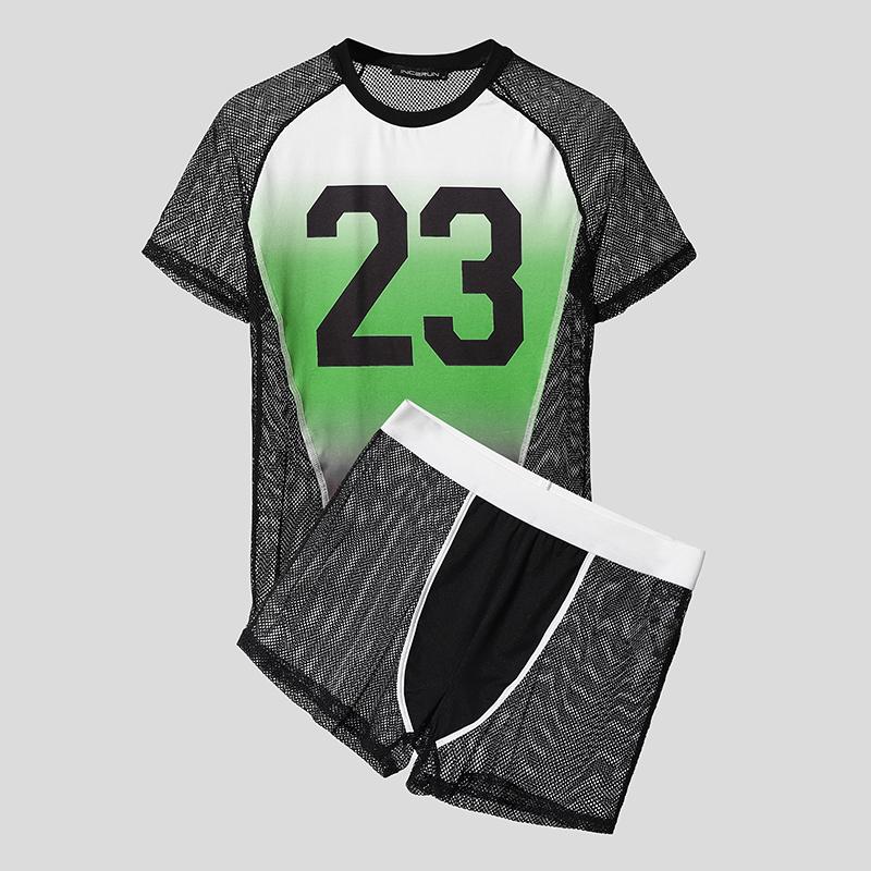 INCERUN Men Underwear Sets Mesh Sheer Print Patchwork Tops Shorts Outfit Home Wear