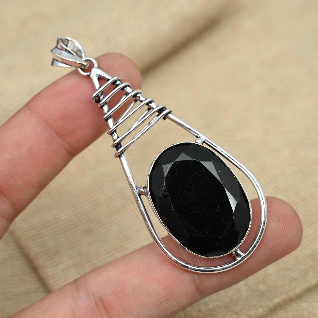 Black Spinel Gemstone Solid 925 Sterling Silver Handmade Engagement Jewelry Pendant