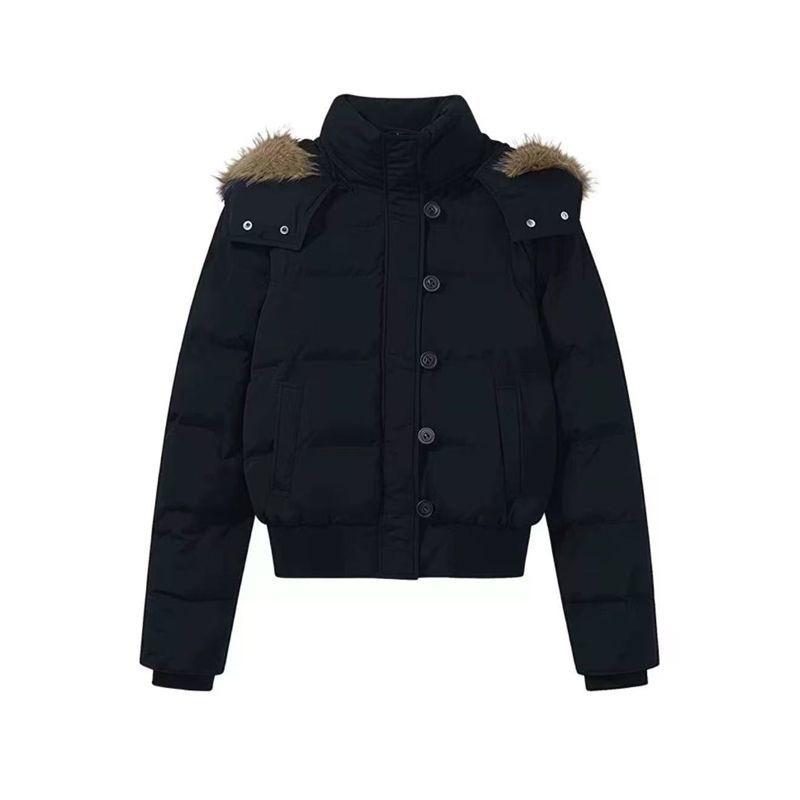 New Winter Cotton Coat Hooded Fur Collar Cotton Coat for Women Thickened Navy Blue Slim Short Cotton Jacket