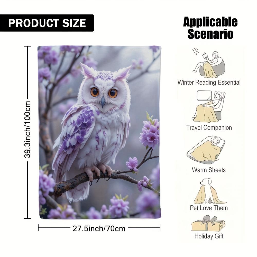 [1pc Ultra-Soft Flannel Blanket] Ultra-Soft Twin Size Flannel Throw Blanket - 1pc Purple Blossom Owl & Pink Flowers Fantasy Prin