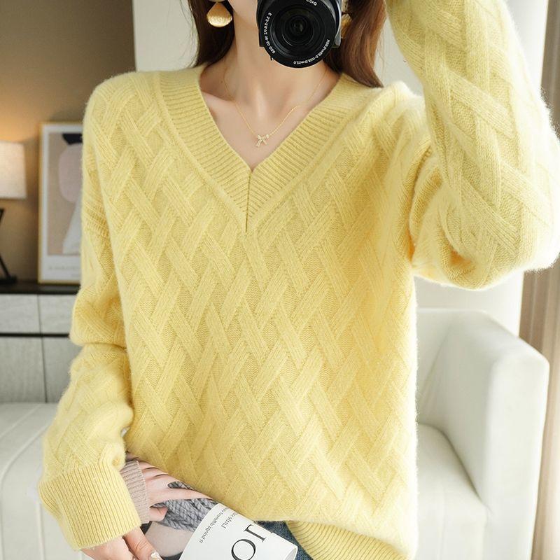 V-neck Sweater Women's Autumn and Winter Sweater Long-sleeved Pullover Loose Solid Color Jacquard Knitted Sweater Top