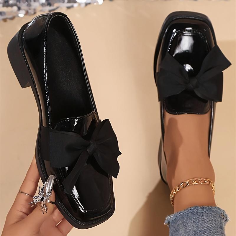 Women'S Slip-On Loafers with Black Bow Detail - Glossy Synthetic Cover, Comfortable Fabric Lining & Durable Rubber Sole - Versatile Casual Shoes