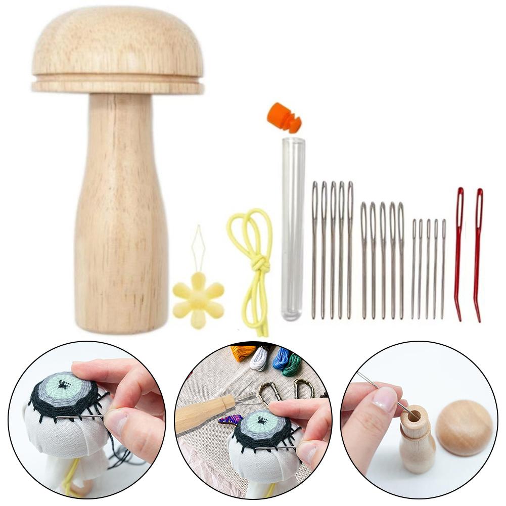 DIY Wooden Hole Mushroom Patchwork Kit Repair Knitting Crafts Needle Base Includes Accessories Fun and Colorful