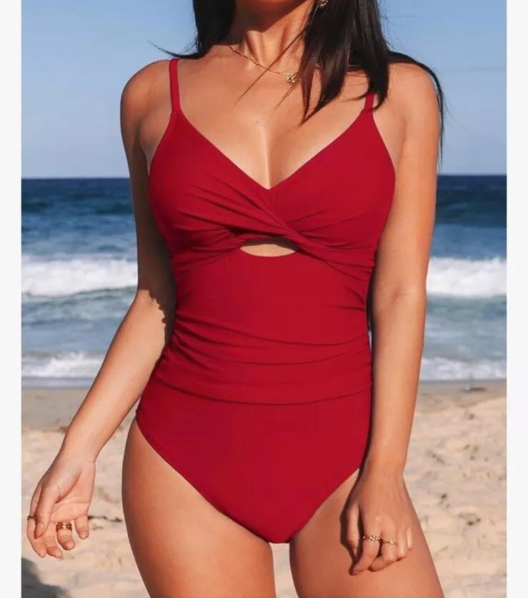 

Модный сплошной цветной бикини-купальник с узлом на груди и открытой спиной для пляжа S красный