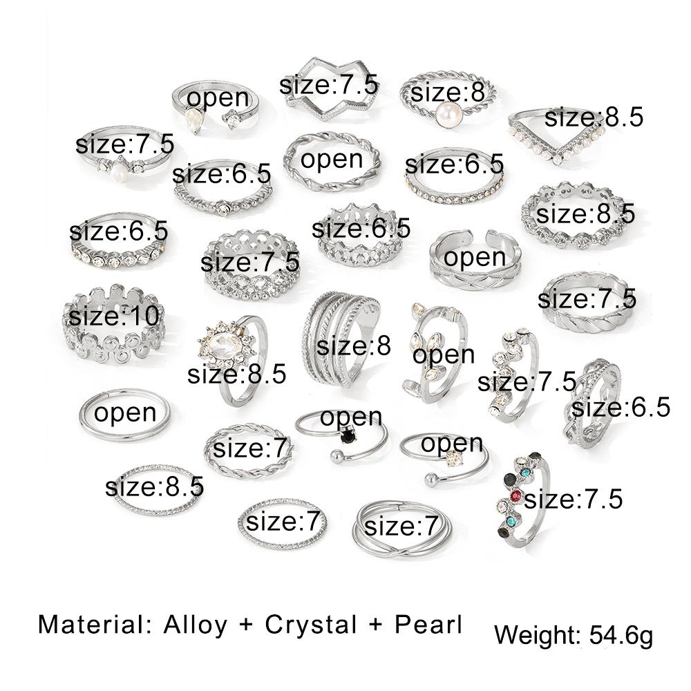 28 Pieces Silver Elegant Vintage Ring Set Open Pearl Bohemian Noble Woman Sexy Hollow Out Rings Birthday Dinner Leaf Ring Set Gift