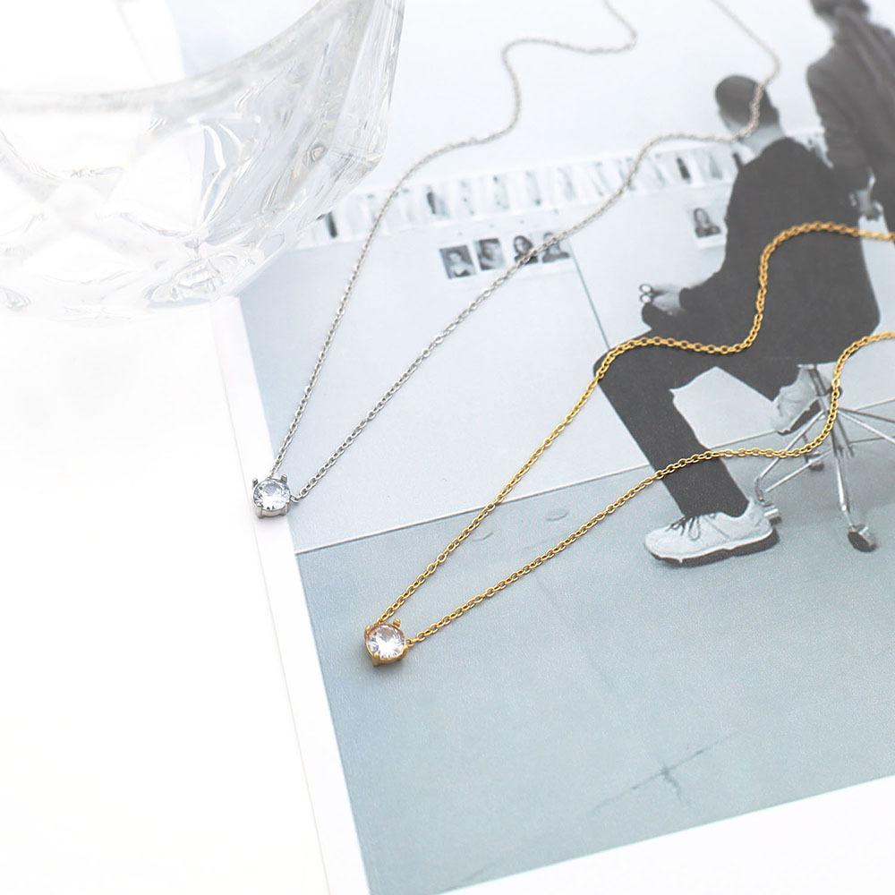 Stylish And Simple 18K Gold Collarbone Chain, Small And Exquisite Stainless Steel Four-Claw Round Zircon Necklace, Female Versatile