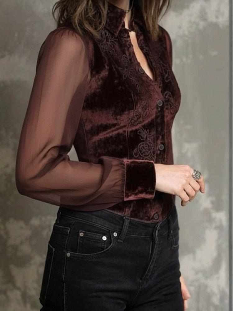 2025 Retro Gothic Velvet Patchwork Shirt - Slimming Long Sleeve Temperament Top for Women