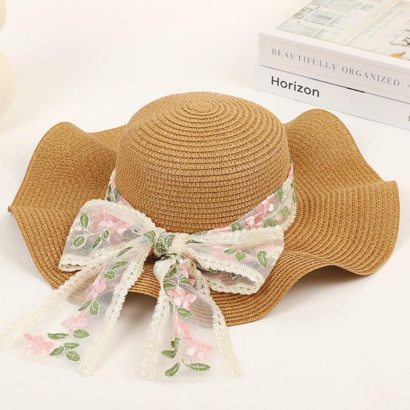 Hot Sale Flower Lace Ribbon Sun Hat Seaside Vacation Bow Sun Hat Wave Edge Stylish Straw Hat