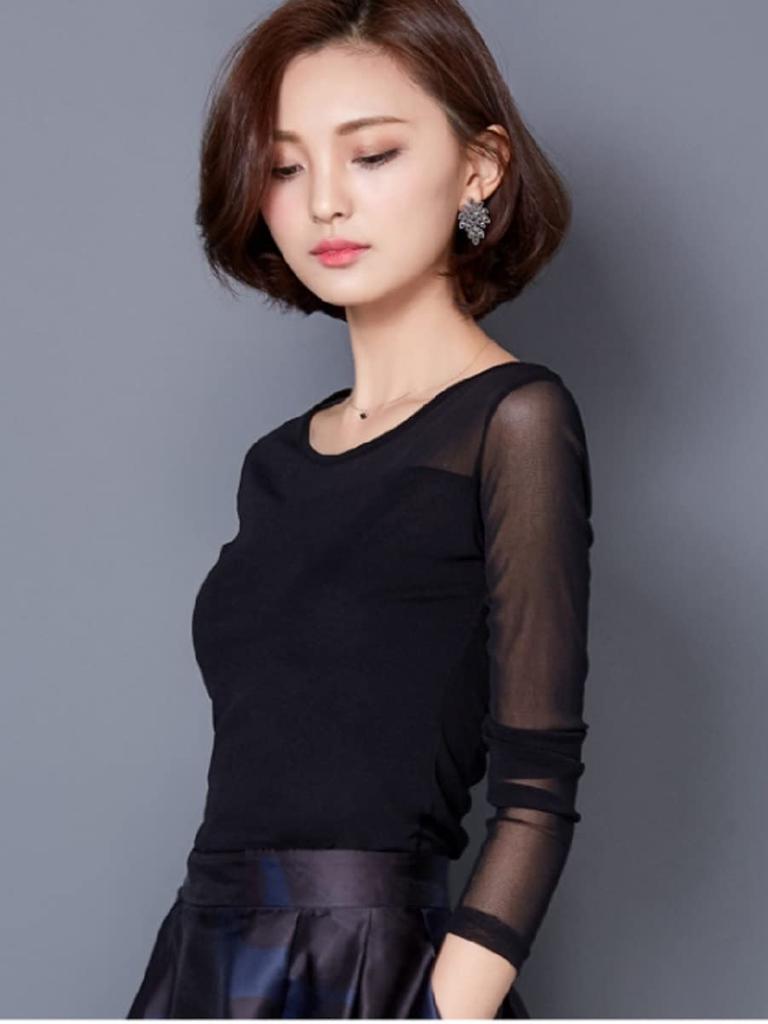 ROCAROCA Langarm Rundhals Sexy Shirt, Durchsichtig, Leicht, Stretch, (XL, Schwarz)