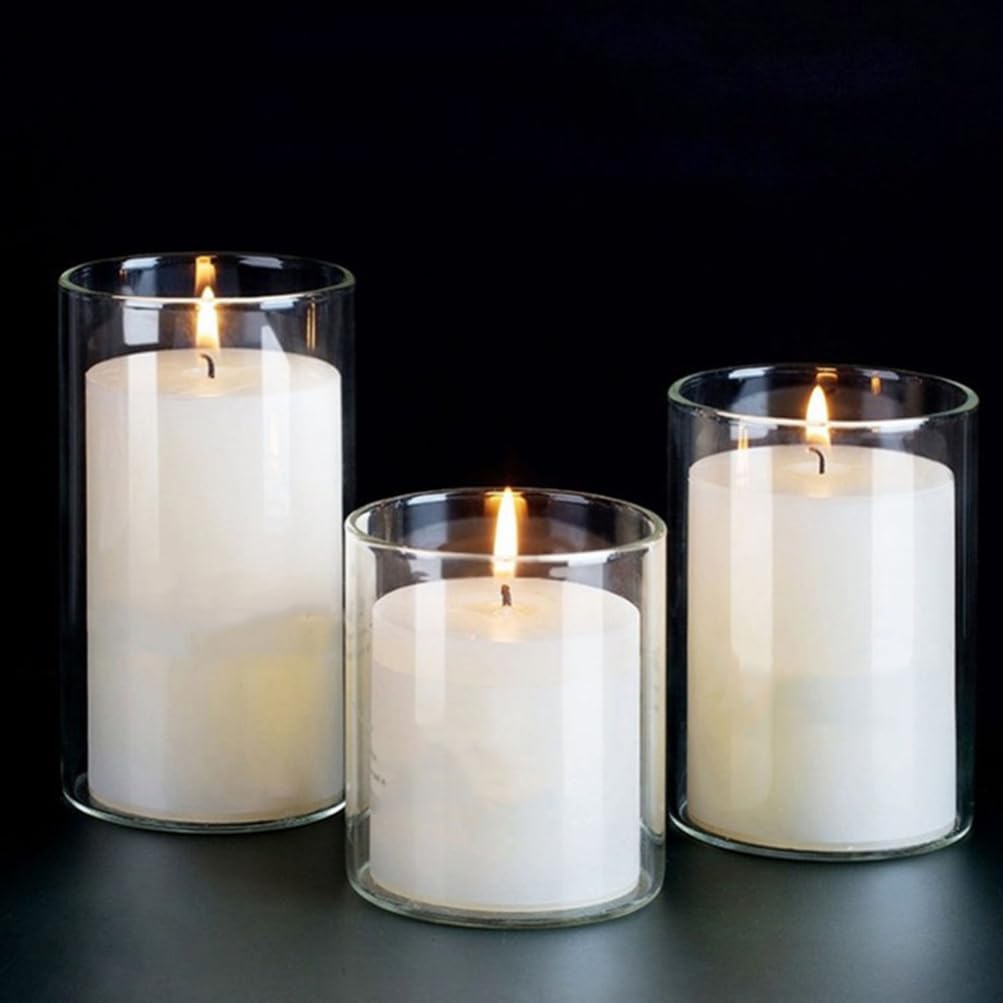Luxshiny 3-teiliger Glas-Kerzenhalter - 6,5 cm Klare Zylinder-Kerzengläser für Stumpenkerzen, Hochzeits-Mittelstücke & Heimdeko (klar)