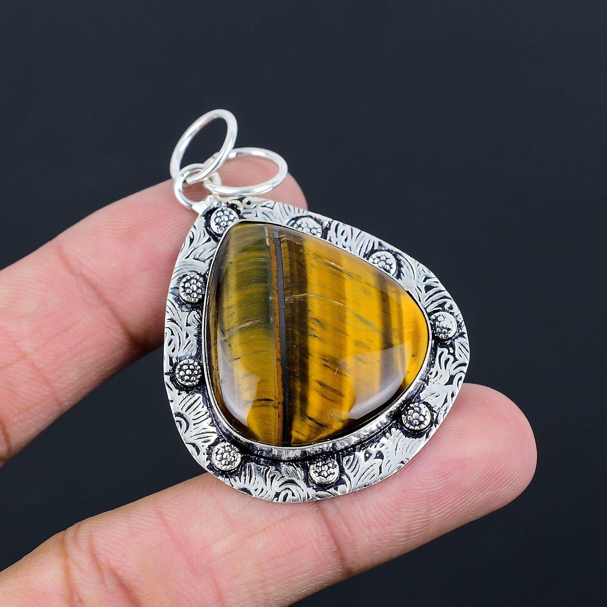 925 Silver Pear Tiger Eye Gemstone Boho Mother Bezel Wedding New Pendant Jewelry