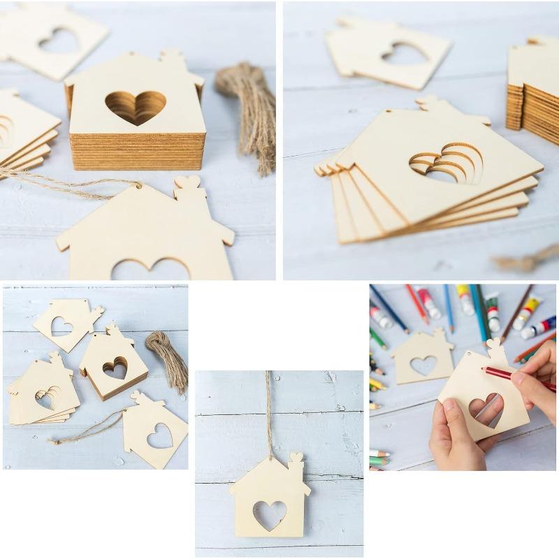 10pcs House Shape Wooden Tag Hanging Heart Wood Cutout Wooden Tags for Christmas Valentine's Day Holiday Wedding