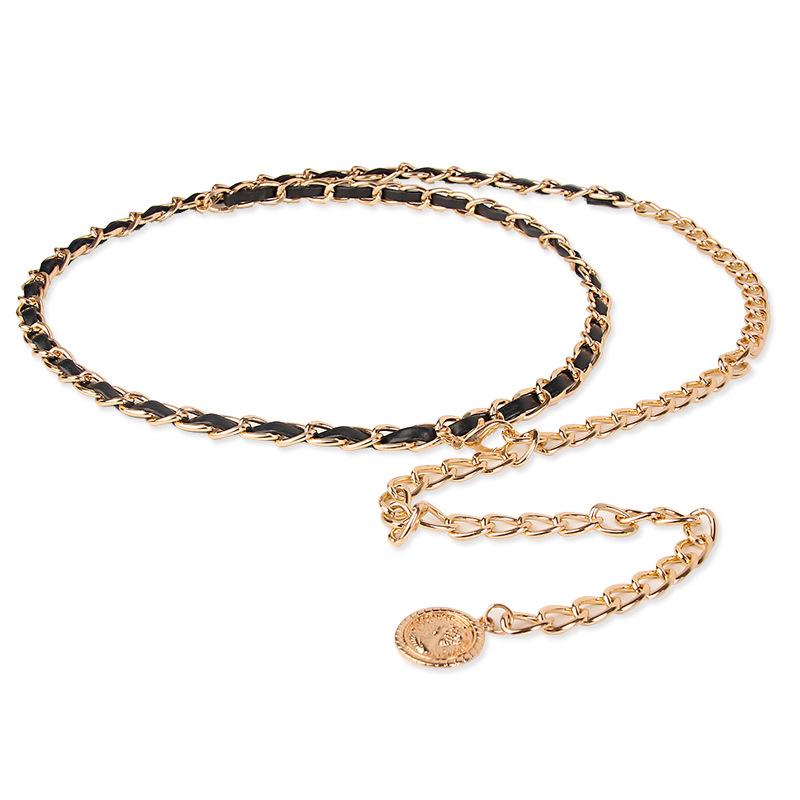 Fashionable and Versatile European and American Portrait Pendant Metal Leather Woven Waist Chain for Women Sweet and Cool Sexy Decoration Waist Chain