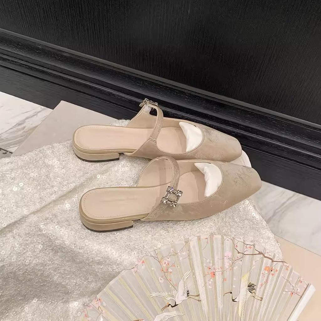 Sheepskin version of grape mother, the same national style into summer French rhinestone buckle bag head Muller half slippers women's sandals summer