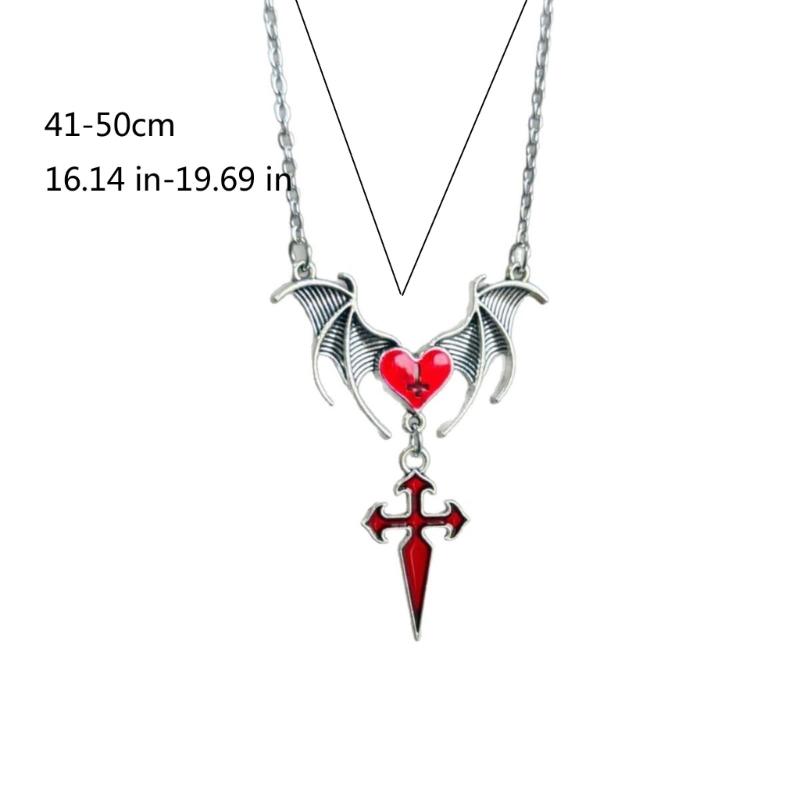 Detailed Gothic Punk Bat Wing and Heart Crosses Pendant Necklace Crafted from Alloy for Long Time Use