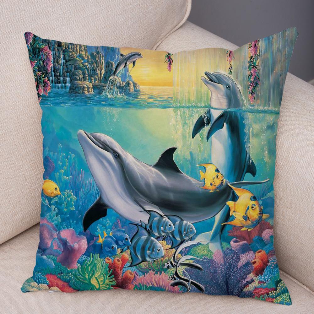 Marine Turtle Dolphins Shark Cushion Cover Short Plush Decor Colorful Ocean Animal Pillowcase Pillow Case for Sofa Home Car