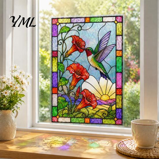 Static Decorative Window Film Stained Glass Clings, Hummingbird Flower Stickers, Removable No Glue Decal PVC Decals for Home Door Sunroom Privacy