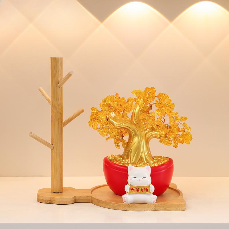 Facai Tree Zhaocao Resin Ornaments Opening TV Cat Living Room House Moving New House Living Room Nice Tabletop Decoration Gift Idea