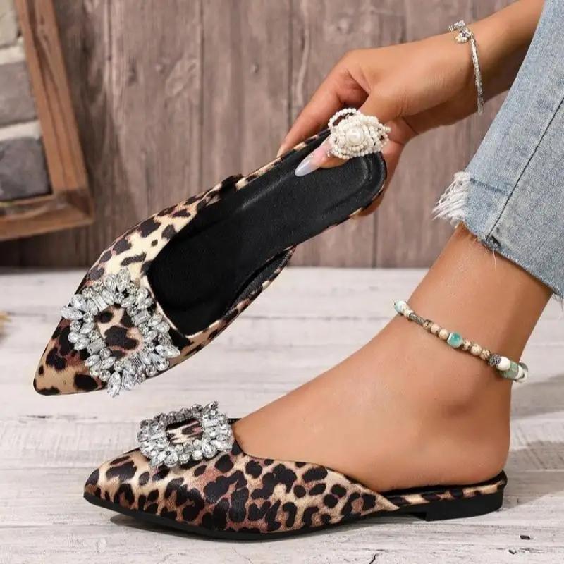 Fashion Sexy Leopard Pointed Toe Slippers Women 2025 Summer Flat Heels big Crystal Buckle Shoes Women Fashion Mules Shoes