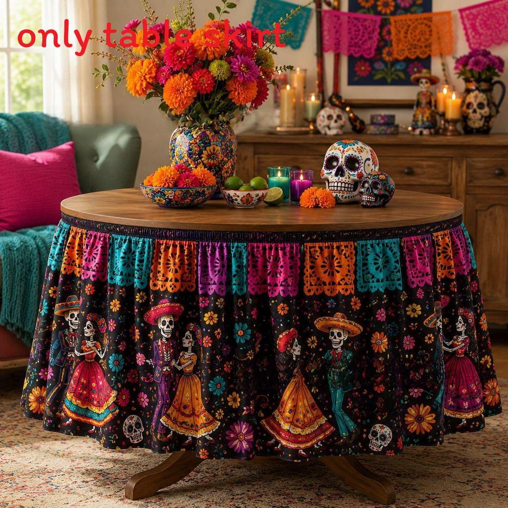 Dia De Los Muertos Table Skirt Mexican Skull Pattern Polyester Party Decor For Events