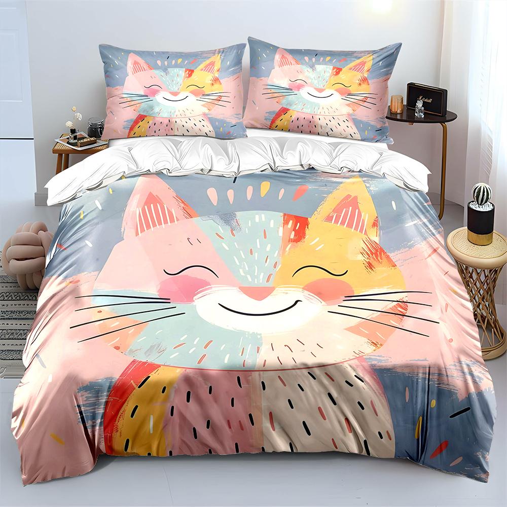 Colorful smiling cat illustration Print Bedding Set 1 Duvet Cover 2 Pillowcases for Adult and Children Luxury Gift Full Size