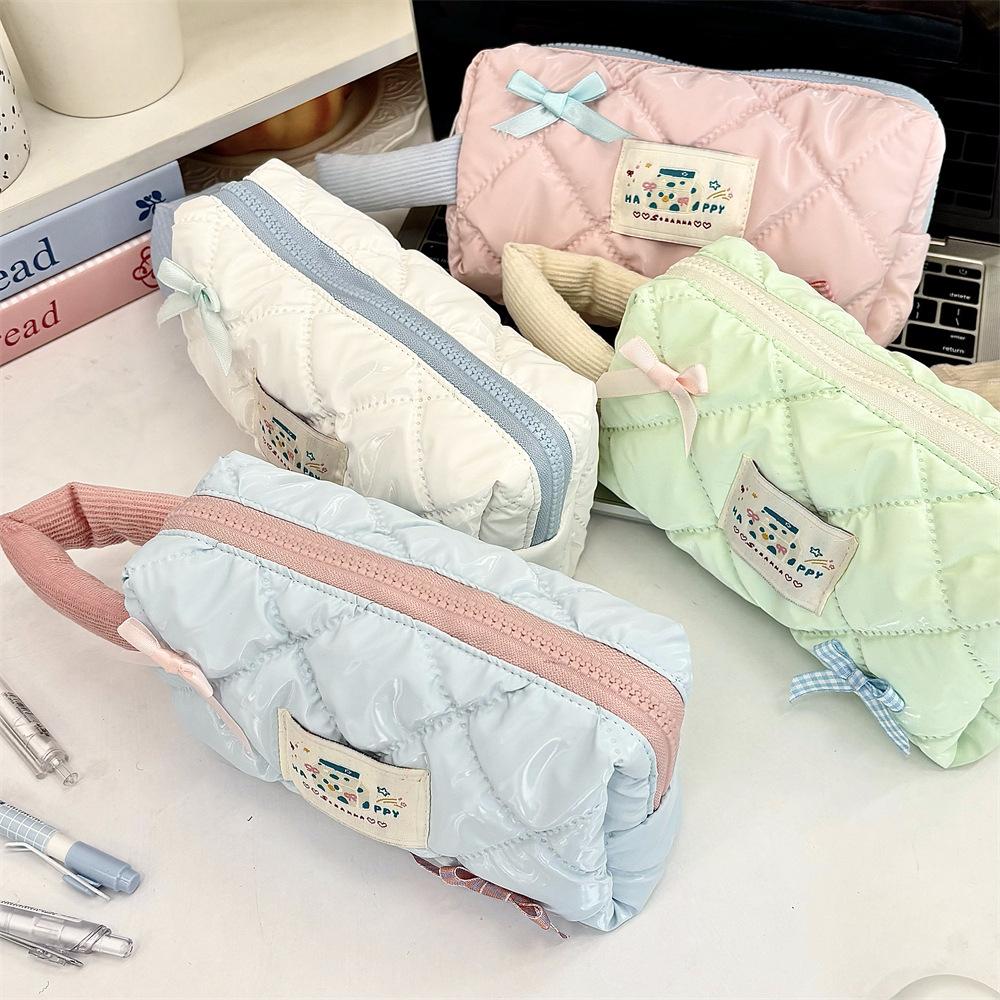 Ins Korean Style Large Capacity Cosmetic Bags Glossy Bow Cute Makeup Bag for Girls Students Tote Waterproof Pencil Case