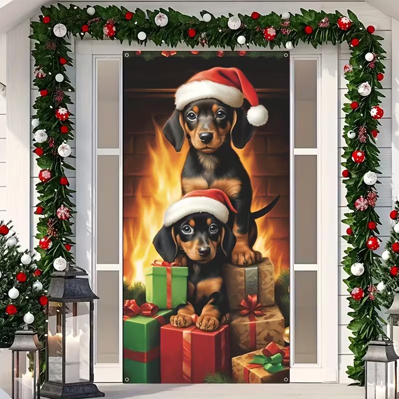 2D Christmas Dachshund Door Banner, Cute Dogs with Gifts Holiday Backdrop 47.2x31.5inch/120*80cm