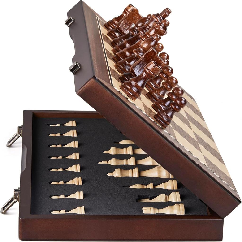 39Cm/15" Wooden Chess Set – Foldable Board, Handcrafted Pieces, Storage Slots, Gift Box, For Adults, Beginners & Tournament