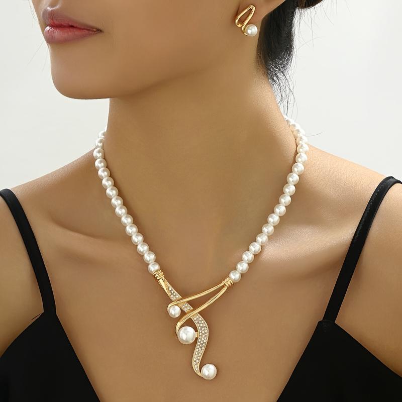 Fashion Geometric Pearl Earring Two Piece Necklace for Women Exquisite Birthday Party Zircon Gifts