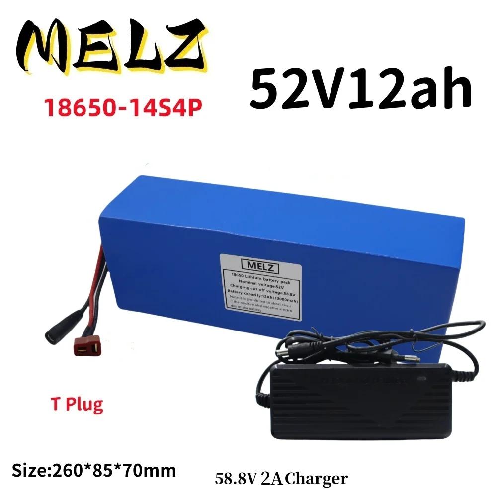 52V 12Ah 18650 Rechargeable Lithium Battery Pack 12000mAh 14S4P Suitable for 250-1000W Built-in BMS+58.8V 2A Charger