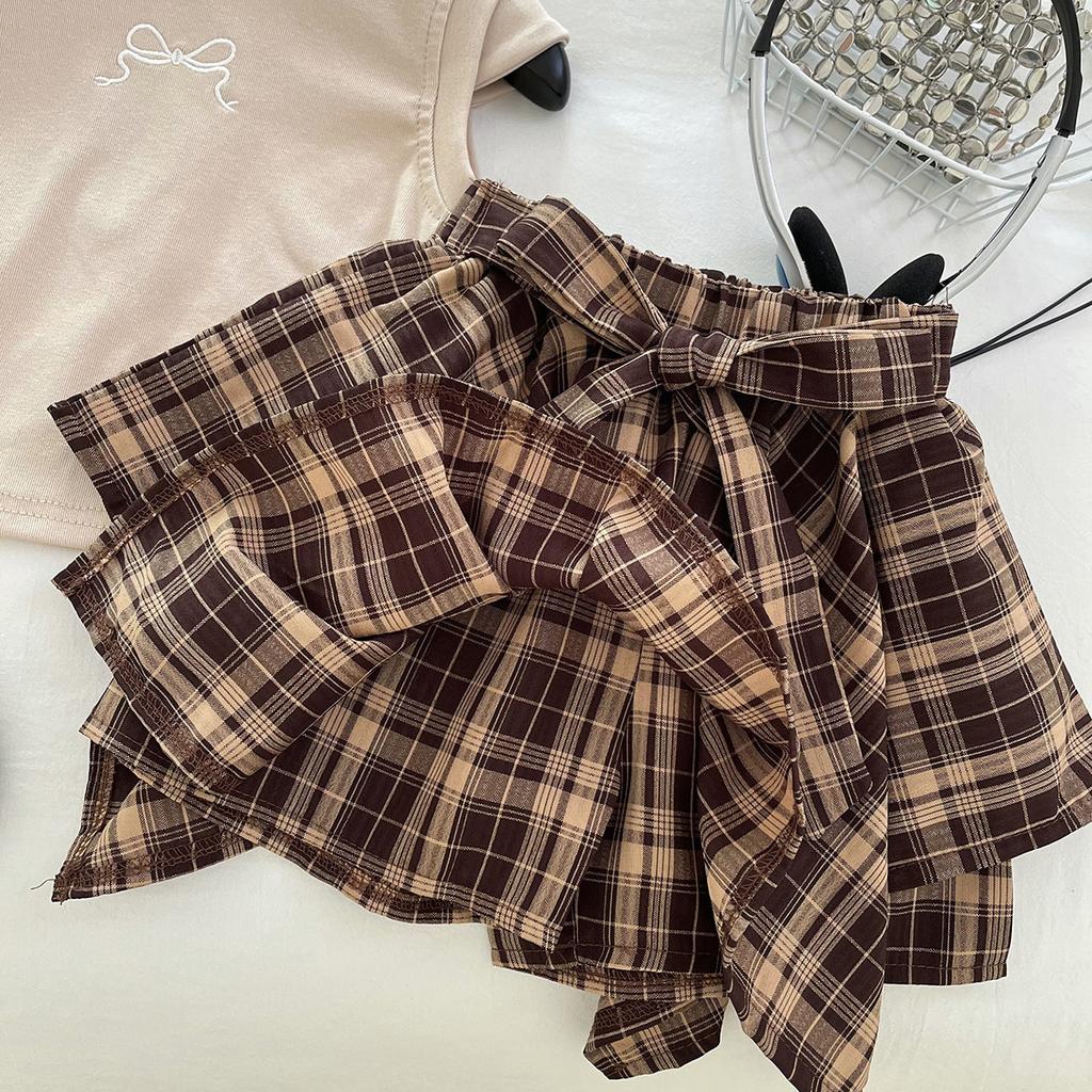 Girls Summer Outfit Khaki Short Sleeve T Shirt And Bow Plaid Skirt Set Two Piece Casual Fashion Clothing For Kids