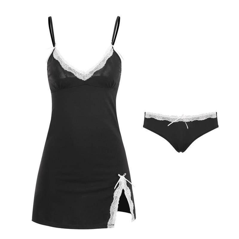 Women’s Sexy Lace Backless Deep V Cotton Cami Nightgown and Brief Set Cute Bow Detail Side Slit Slim-Fit Sleepwear