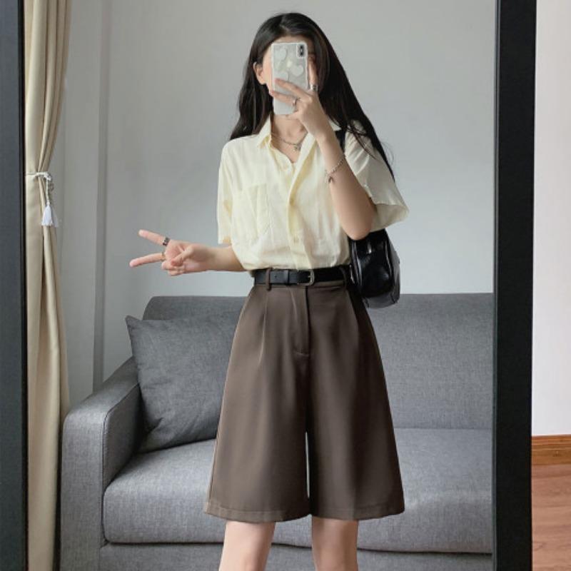Suit Shorts for Female Students In Summer Thin High Waist Wide-leg Macaron Ice Silk Straight Loose Outer Five-point Mid-pants