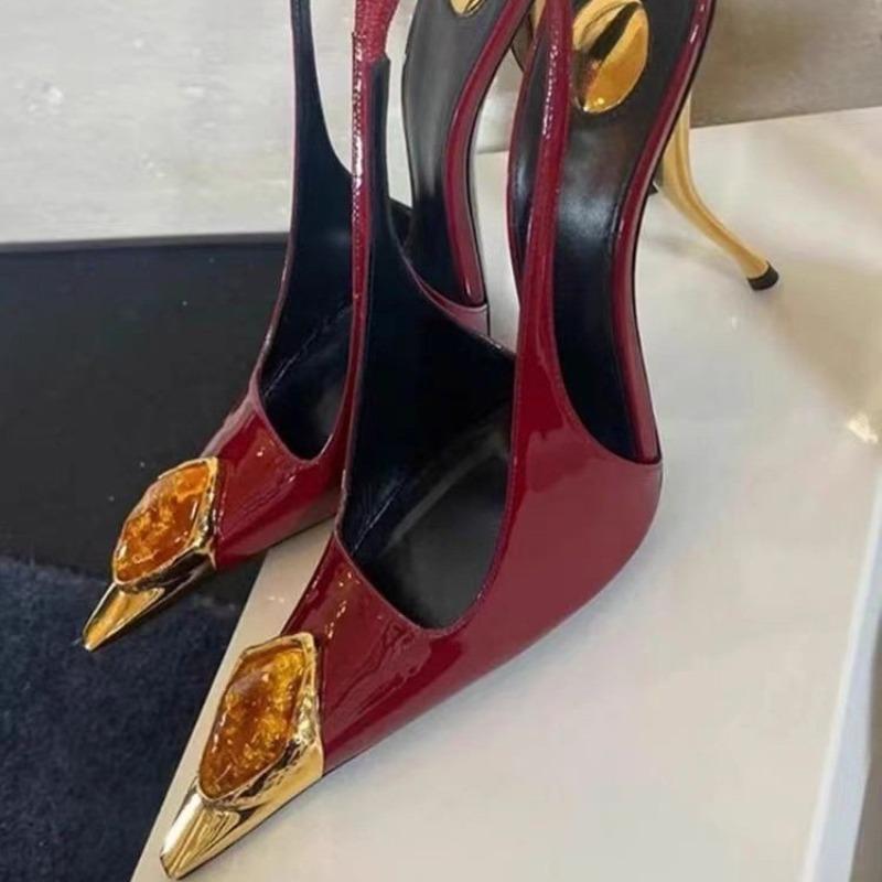 New Designder Inlay Gems Pointed Toe Patent Leather Sexy Slingback Sandals Women Pumps High Heels Wedding Banquet Shoes