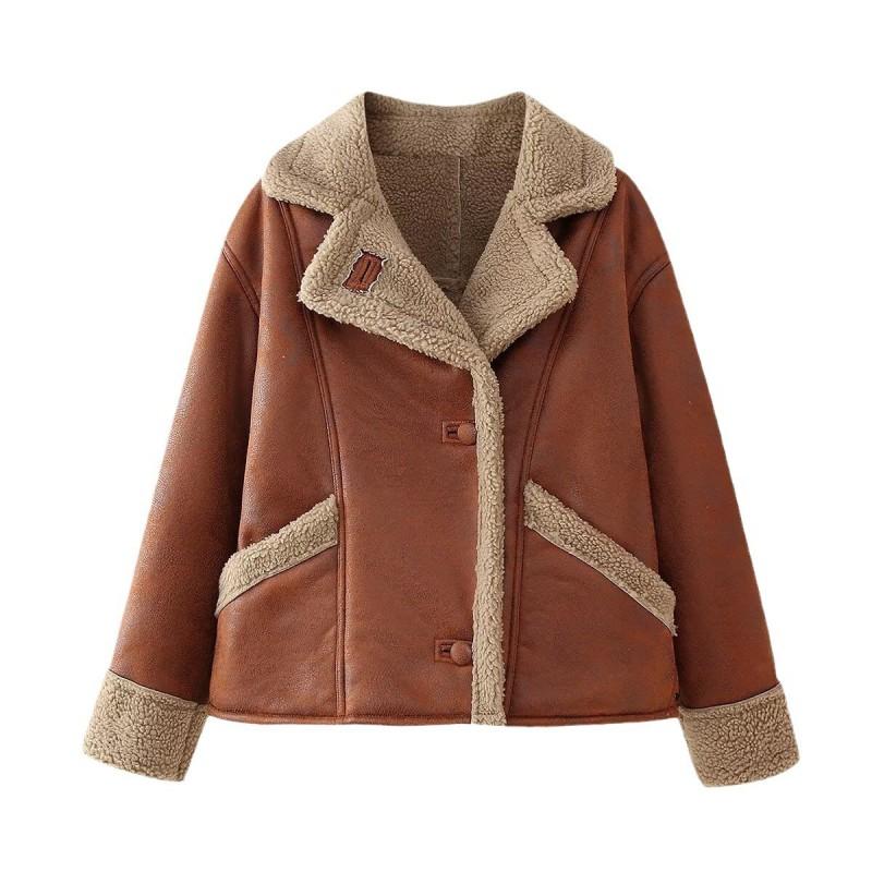 Womens Faux Shearling Collar Coat Loose Fit Streetwear Jacket With Pockets Mid-Length Fall Winter Outerwear