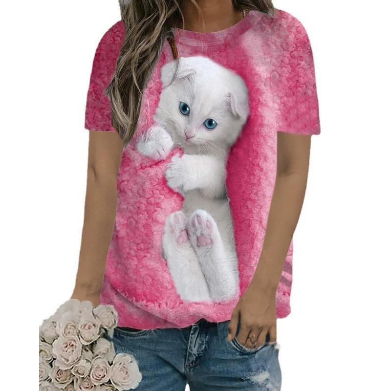 Sommer Rundhals 3D Katzenprint Top Modische Lässige Kurzarm Damen T-Shirts