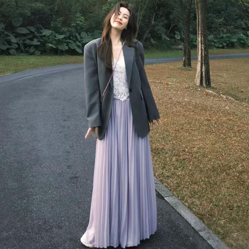 

Фиолетовая плиссированная юбка для женщин на лето тонкая новый стиль с высокой талией А-силуэта газовая юбка с мелкой плиссировкой S фиолетовый