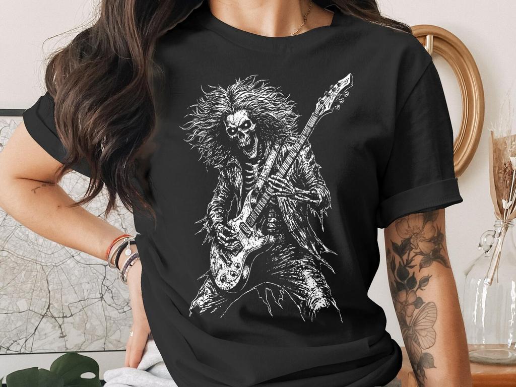 Skeleton Guitar T-Shirt, Rock N Roll Heavy Metal Tee, Edgy Musician Skull Band Concert Grunge Goth Shirt, Gift for Guitarist