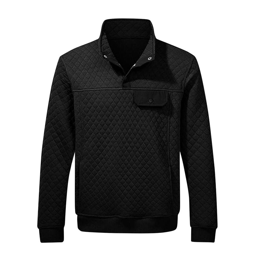 Men's Winter Solid Color Diamond Check Sweatshirt Men's Casual Pocket Button Sweatshirt