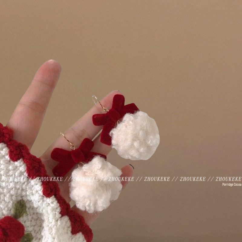 2024 Red Velvet Bow Plush Earrings: Unique Autumn-Winter Fur Ball Design for Women
