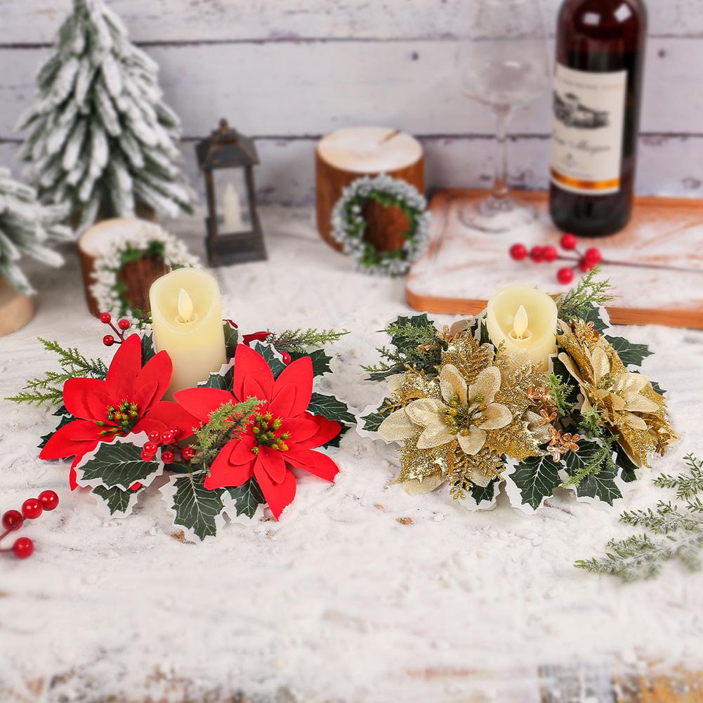 2 Pcs Christmas Candle Rings Candle Wreaths Poinsettia Holly Leaves Berries Decor