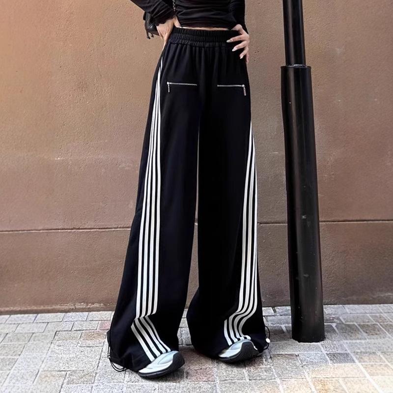 Women's Embroidered Striped Sweatpants - Spring/Autumn 2025 Trendy American Wide-Leg Floor-Length